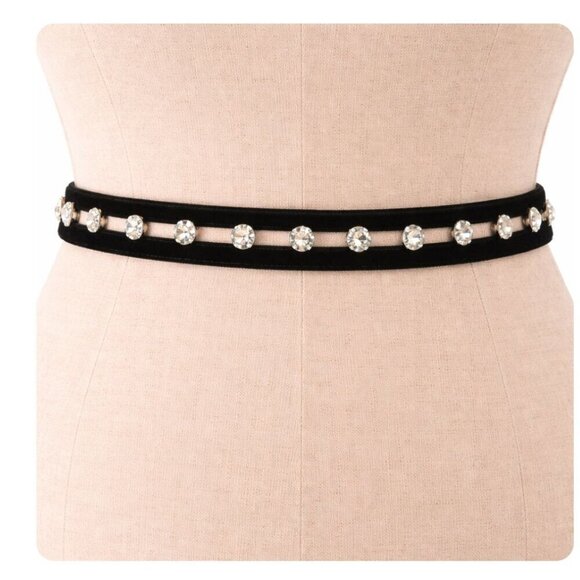 Vintage Accessories - Vintage 1980s Black Velvet Rhinestone Statement Belt Women’s Size XS